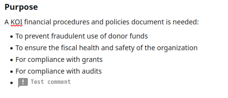 A screenshot of the wiki Editor that shows a bullet point that has been replaced by a comment. The comment reads "Test comment."