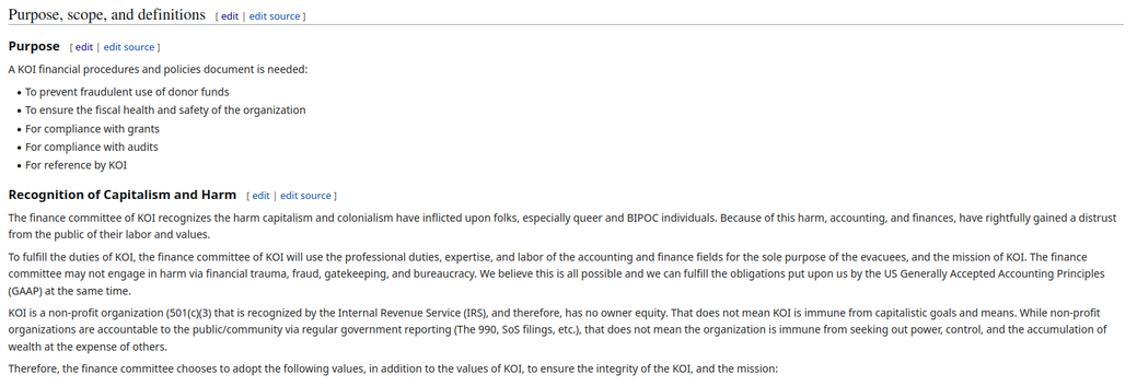 A screenshot of the top of the Purpose, scope, and definitions section of the KOI Financial Policies and Procedures wiki page. The heading, "Purpose, scope, and definitions" and the two subheadings, "Purpose" and "Recognition of Capitalism and Harm," each have links next to them that read "edit" and "edit source."