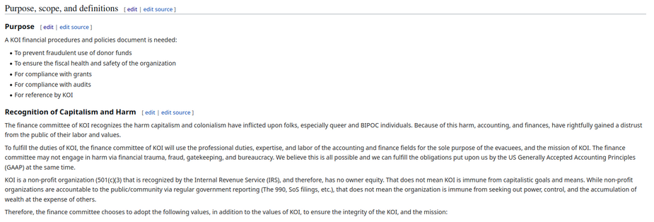 A screenshot of the top of the Purpose, scope, and definitions section of the KOI Financial Policies and Procedures wiki page. The heading, "Purpose, scope, and definitions" and the two subheadings, "Purpose" and "Recognition of Capitalism and Harm," each have links next to them that read "edit" and "edit source."