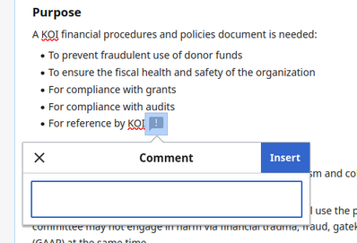 A screenshot of a the wiki Edit page. A pop-up window titled "Comment" features a blank text box and an arrow pointing to a cursor location on the editable text.