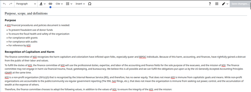 A screenshot of the Editing wiki screen when the "edit" option has been selected. It has an interface typical of a general text editor. In the text box is text from the top of the "Purpose, scope, and definitions" section of the KOI Financial Policies and Procedures wiki page.