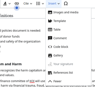 A screenshot of the wiki Editor's Insert drop-down menu. It includes the options "Images and Media," "Template," "Table," "Comment," "Code Block," "Gallery," "Your signature" (which is grayed out), and "Reference list."